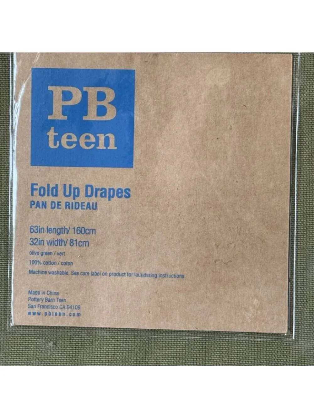 Pair of New PB Teen Fold Up Drapes Olive Green Beige 32x63 each Pottery Barn